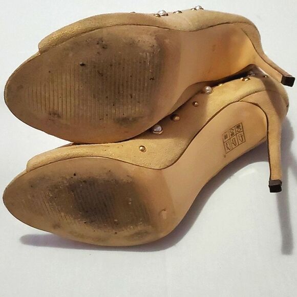 ShuShop Boho Neutral Pearl Beaded Open Toe Funky High Heel Booties Party - Picture 7 of 9